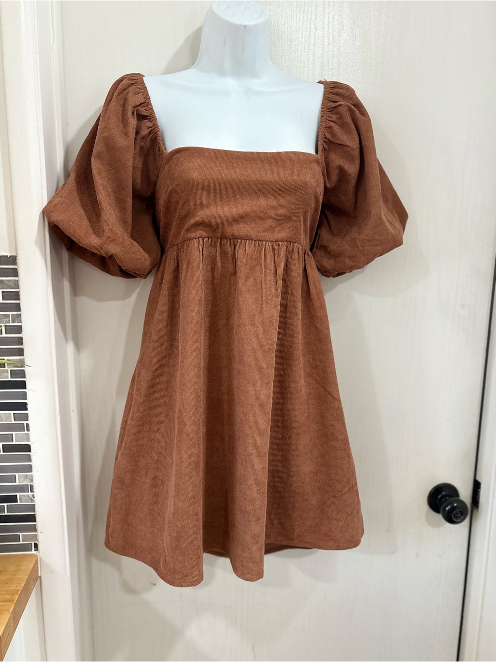 Square-Neck babydoll western Puff Sleeve Mini Dress in Brown